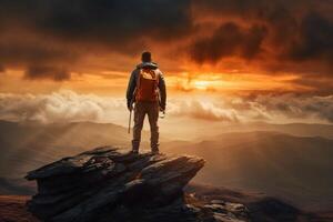 framgångsrik vandrare vandring en berg pekande till de solnedgång. ai generativ foto