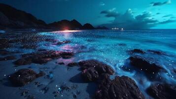 hav Strand på natt, de vatten är full av dinoflagellater, lysande med miljoner ljus blå neon glöd i de mörk mycket liten prickar. ai generativ foto