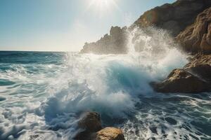 solig dag, skönhet av marin natur, styrka och kraft av de vatten element i form av en stor turkos hav Vinka kraschar på Strand. ai generativ foto