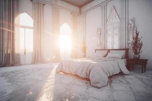 de helig ljus i vit sovrum på de vit morgon. ai generativ foto