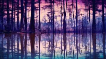 träd i en skog med vatten på Det, i de stil av fläck silhuett, med en blå lila tona. ai generativ foto