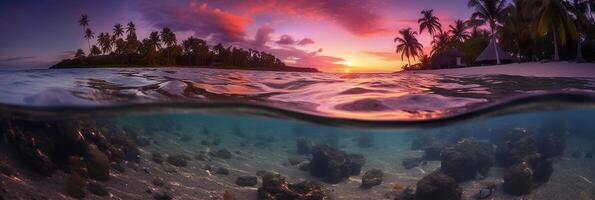 fotografera av skön inbjudande strand scen med lila solnedgång himmel. ai generativ foto