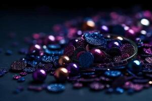 gnistrande glitter abstrakt bakgrund mörk lila mättad Färg, de - fokuserad, makro. paljetter falla och gnistra, runda bokeh. ai generativ foto