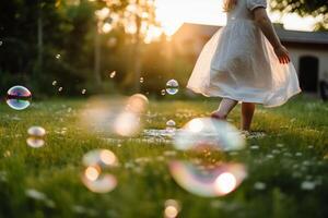 stänga upp stor bubblor suddig bakgrund av en barnets ben bär vit kläder. ai generativ foto