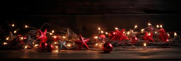 jul bakgrund med blå ljus lysande kransar och röd stjärnor på en vit trä- bakgrund med kopia Plats. ai generativ foto