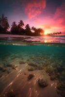 fotografera av skön inbjudande strand scen med rosa solnedgång himmel. ai generativ foto