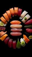 sushi, deconstructed mästerverk, vibrerande fisk skivor. ai generativ foto