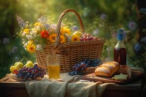 terar en korg av färsk frukt och bröd, en flaska av vin, och en bukett av vilda blommor. ai generativ foto