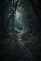 mörk skog, med en väg i de mitten, Skräck omgivande, träd på de sida. ai generativ foto