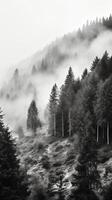 berg skog med dimma och dimma. ai generativ foto