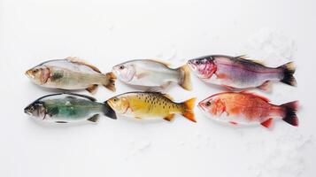 olika rå fisk i en rad, vit bakgrund. skaldjur sortiment, meny. ai genererad. foto