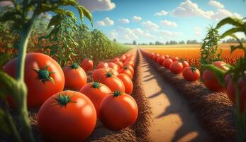 bruka fält av mogen organisk röd tomater i sommar eftermiddag. ai genererad. foto