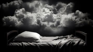 de begrepp av sömnlöshet. tömma säng med kudde i de natt moln. ai genererad. foto