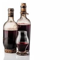 årgång retro gammal vin flaska med glasögon, vit bakgrund isolera. ai genererad. foto