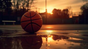 en fotografera av en basketboll på en domstol på solnedgång,. ai generativ foto