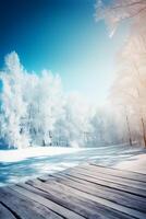 vinter- jul naturskön landskap med kopia Plats. trä- golv, vit träd i skog täckt med snö, snödrivor och snöfall mot blå himmel i solig dag ai generativ foto