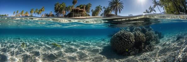 fotografera av skön inbjudande strand scen med blå himmel. ai generativ foto