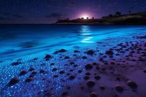 hav Strand på natt, de vatten är full av dinoflagellater, lysande med miljoner ljus blå neon glöd i de mörk mycket liten prickar. ai generativ foto