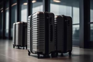 bagage resväskor på de flygplats bred baner med kopia Plats område för semester och Semester resa begrepp. ai generativ foto