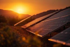 stänga - upp skott av en sol- solceller panel med en skön solnedgång i de bakgrund, visa upp de förnybar energi begrepp. ai generativ foto