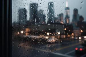 fotografi av regndroppar på de fönster glas i fokus med oskärpa stad horisont i de bakgrund. ai generativ foto