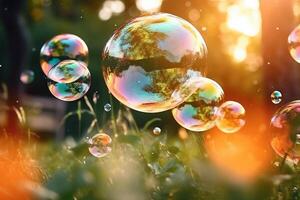 tvål bubblor mot en suddig ljus naturlig sommar bakgrund. ai generativ foto