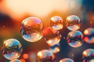 tvål bubblor mot en suddig ljus bakgrund. ai generativ foto