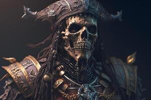 krigare med skalle huvud och pirat klassisk hatt på mörk bakgrund. neuralt nätverk ai genererad foto