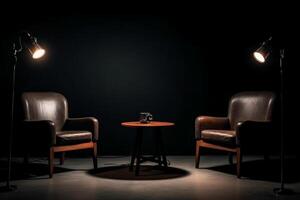 två stolar och spotlights i podcast eller intervju rum på mörk bakgrund. ai generativ foto