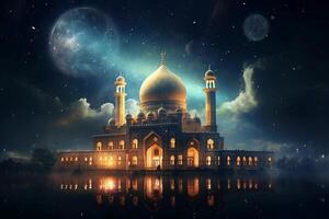 de moské, kareem lykta, suddig stjärna i natt himmel bakgrund, eid al Adha begrepp. ai generativ foto
