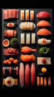 sushi, deconstructed mästerverk, vibrerande fisk skivor. ai generativ foto