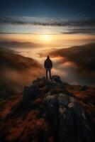 en man är stående på en berg. ai generativ foto