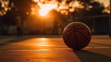 en fotografera av en basketboll på en domstol på solnedgång,. ai generativ foto