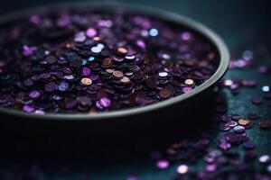 gnistrande glitter abstrakt bakgrund mörk lila mättad Färg, de - fokuserad, makro. paljetter falla och gnistra, runda bokeh. ai generativ foto