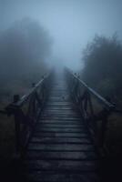 gammal trä- bro ledande till ingenstans i de dimma, bruten, dyster mörk blå, mystisk, ensamhet. ai generativ foto
