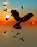 vingar av solnedgång, en generativ ai tapet av fåglar i flyg foto