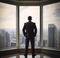 tillbaka se av affärsman kostym stående på kontor ser på stad genom panorama- fönster. ai generativ foto
