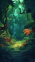 konst, vackert detaljerad djungel landskap i de spel tecknad stil illustration, med tips av fantasi och magi, fångar de tropisk väsen och mysterium av de värld inom de spel. generera ai. foto
