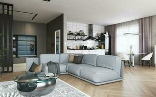 projekt av en studio lägenhet med en modern stil. foto