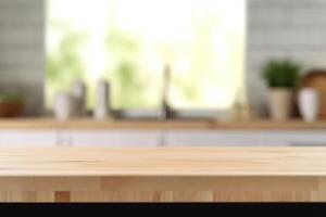 tömma trä tabell och suddigt bakgrund av modern minimalistisk kök produkt visa mall, ai genererad foto