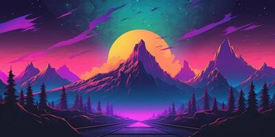 estetisk berg synthwave retrowave tapet med en Häftigt och vibrerande neon design, ai genererad foto