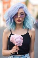 ung hispter kvinna med blå färgad hår gående på de gata äter bomull godis. generativ ai foto