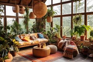 eleganta levande rum interiör design i boho stil , stor fönster, naturlig dag ljus. generativ ai foto