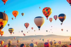 färgrik varm luft ballonger i flyg, ai genererad foto