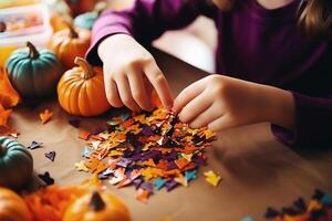 närbild av barns händer framställning halloween hantverk, ai genererad foto