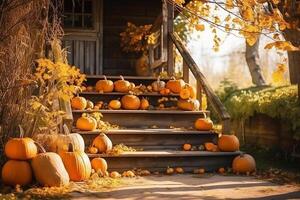 färgrik pumpor och blommor på de trappa av hus, dekoration för halloween. ai genererad foto