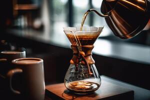 alternativ kaffe bryggning metod, ren över, glas tekanna på trä- bricka med bryggt kaffe på mörk bakgrund. ai genererad foto