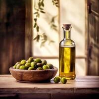 flaska av oliver olja och oliver frukt . ai generativ foto