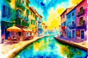 en vattenfärg stad. en medelhavs paradis. vattenfärg målning av en charmig grekisk stad. generativ ai foto
