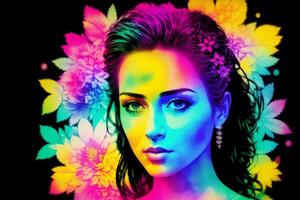 ett illustration av en ung kvinna med en färgrik bakgrund och blommor. silhuett. vattenfärg måla. generativ ai foto
